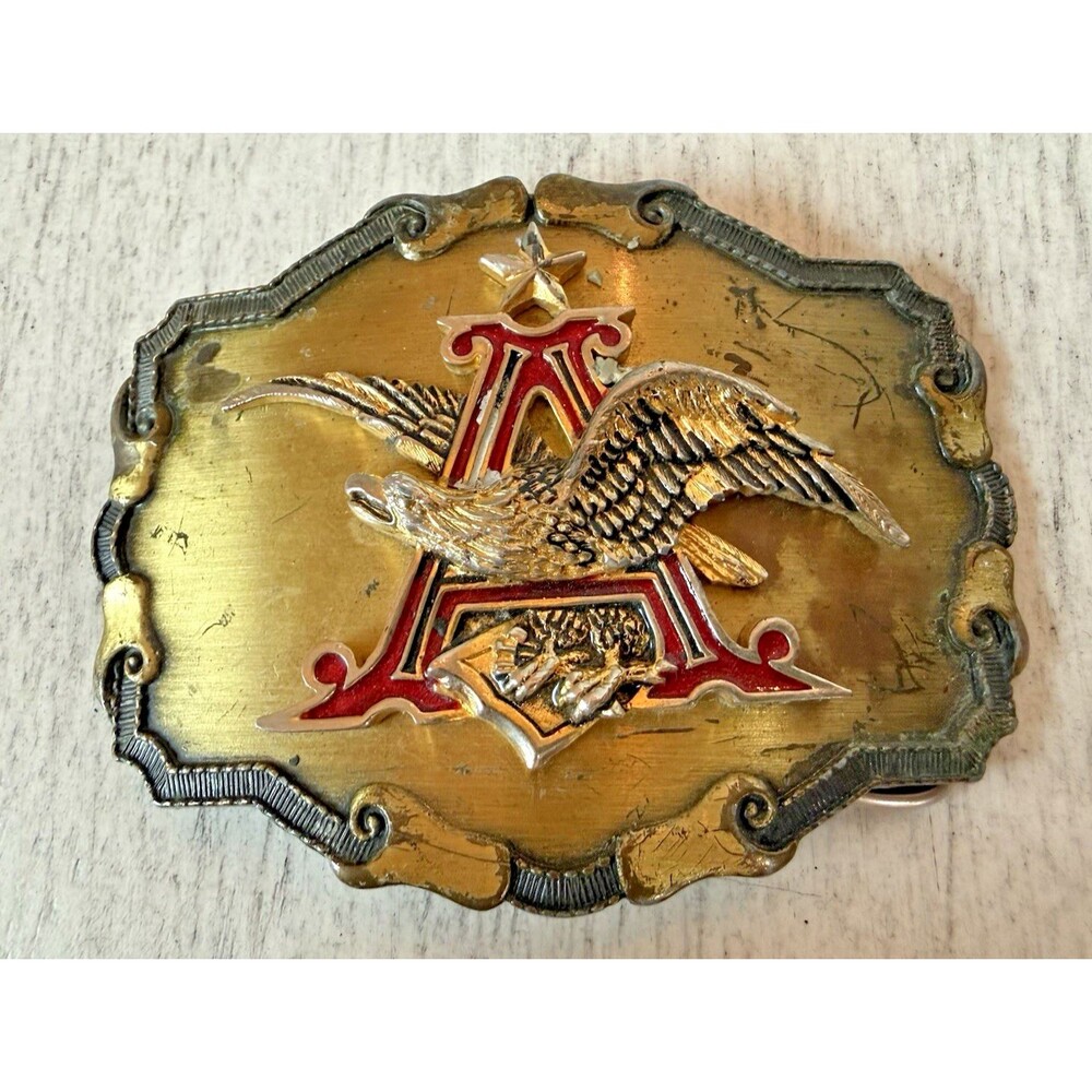 Vintage 1970s Raintree Anheuser Busch Logo Eagle Solid Brass Belt Buckle USA